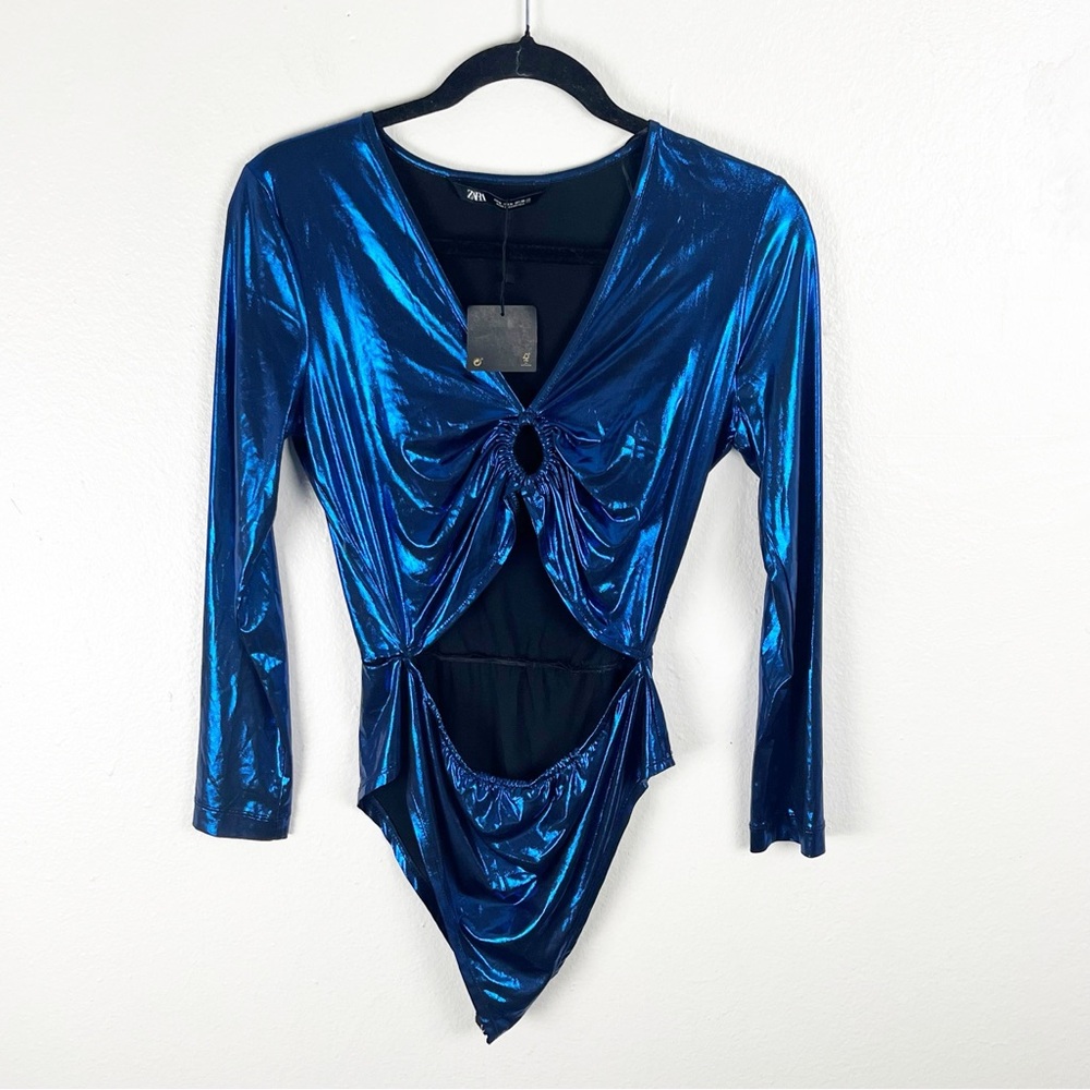 ZARA Blue Metallic Laminated Long Sleeves Front Cutouts Bodysuit Size Medium